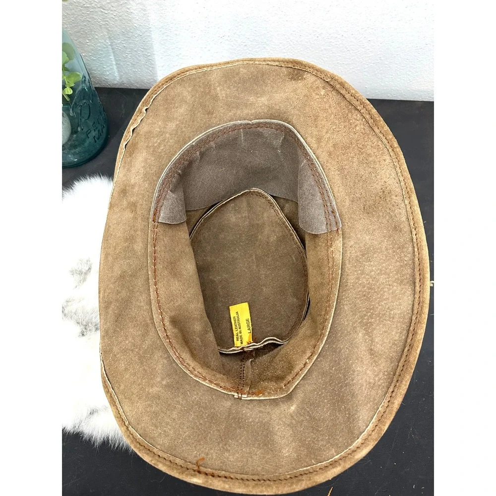 Suede leather outback hat Australia genuine leather tan braided vintage large‎